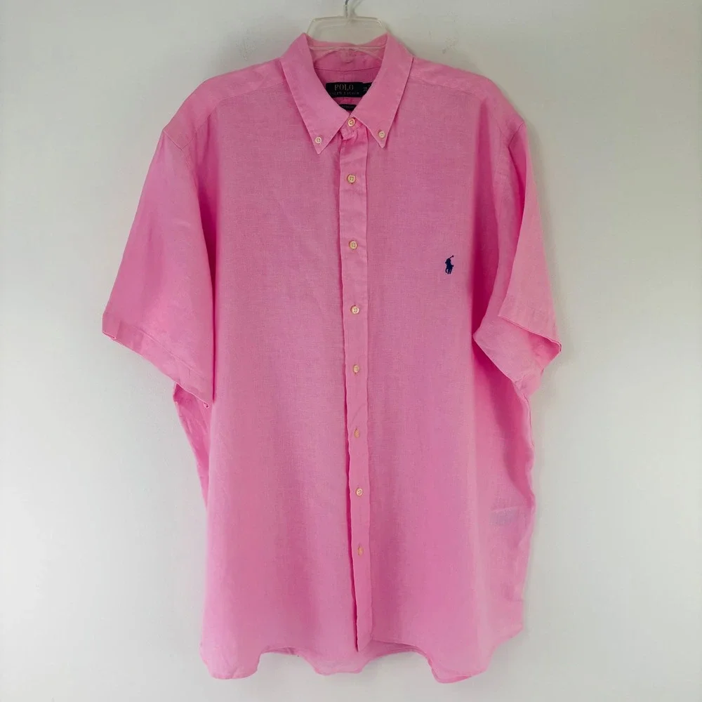 Polo Ralph Lauren Mens 1XB Pink 100% Linen Short Sleeve Untucked Fit Shirt - Picture 2 of 9